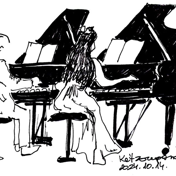 Ligeti Zsuzsa: Kétzongorás koncert - tollrajz 17x12