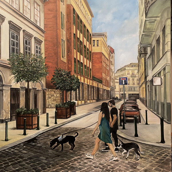 Lőrincz Krisztina: Belvárosi séta - olaj, vászon 70x58cm 50 000 Ft