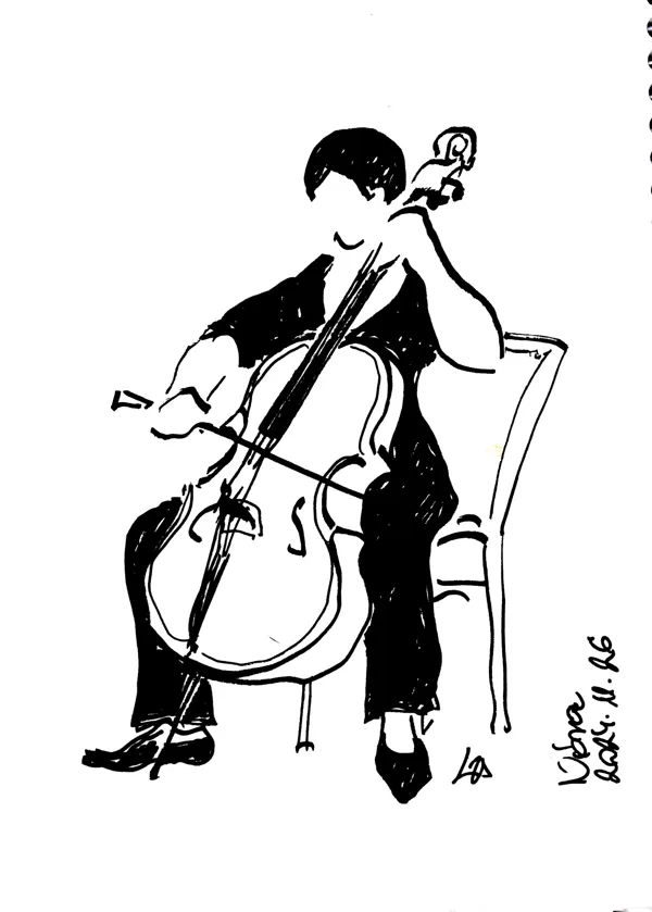 Ligeti Zsuzsa: Cselló - tollrajz 17x12