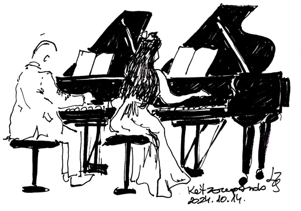 Ligeti Zsuzsa: Kétzongorás koncert - tollrajz 17x12