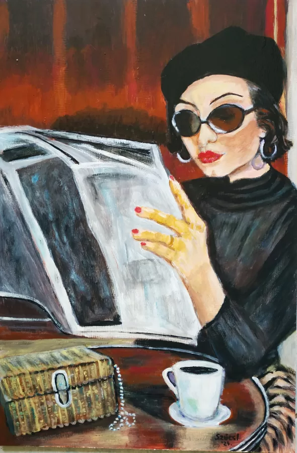 Szűcs Ildikó Kávézás,60x40 cm,akril,farostlemez,