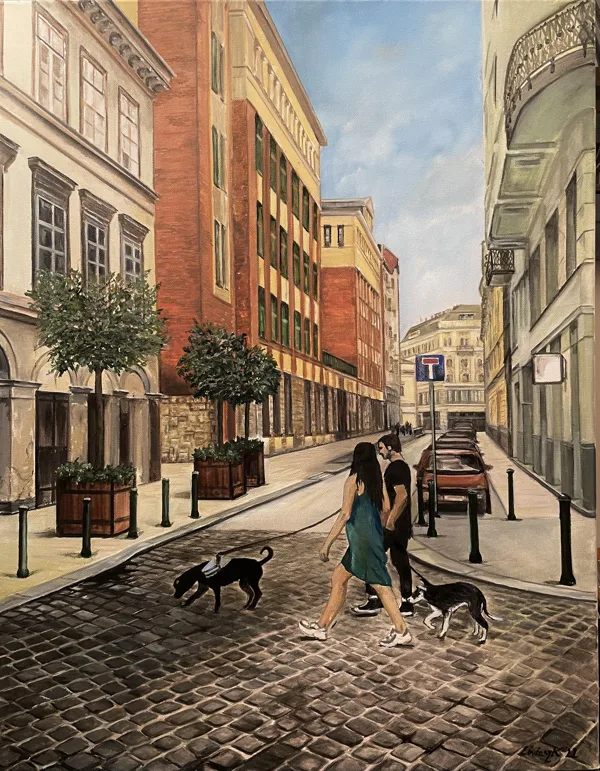 Lőrincz Krisztina: Belvárosi séta - olaj, vászon 70x58cm 50 000 Ft