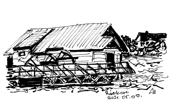 Ligeti Zsuzsa: Vízimalom Ráckevén - grafika, tollrajz 32x24 cm paszpartú, keret 15 000 Ft
